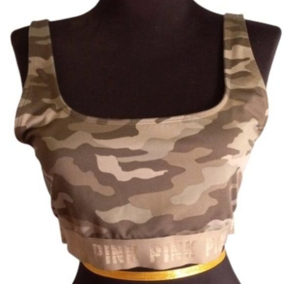 Pink Victorias Secret L Bra Camouflage Print Sports Elastic Band Stretch - Picture 1 of 8